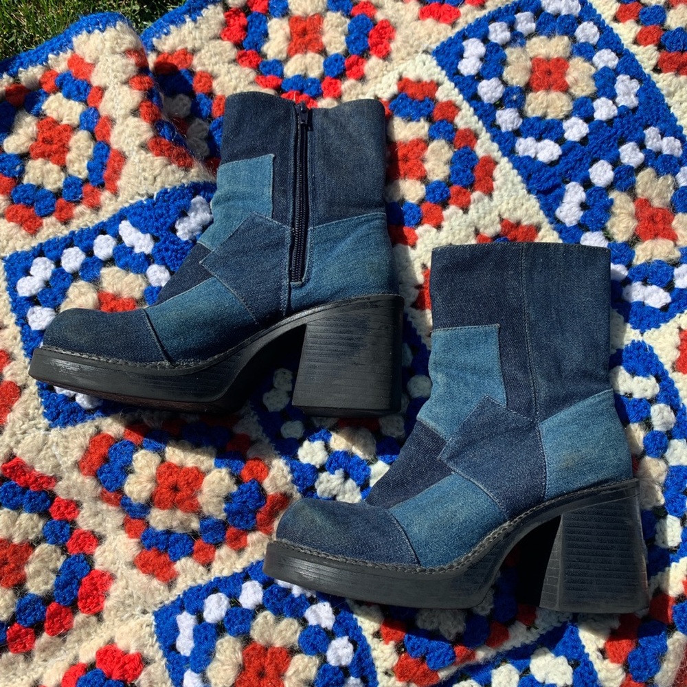 Vintage Denim Patchwork Platform Boots